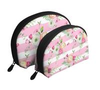 Flores Rayas Rosas, Bolsa de Maquillaje de Concha, Monedero pequeño para Mujer, Bolsa de artículos de tocador, Bolsa de cosméticos, 2 Piezas