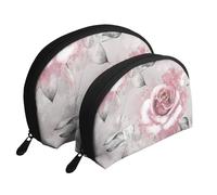 Flores Rosadas Acuarela Floral Rosa Hojas Grises Splash, Bolsa de Maquillaje de Concha, Monedero pequeño para Mujer, Bolsa de artículos de tocador, Bolsa de cosméticos, 2 Piezas