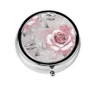 Flores Rosadas Acuarela Floral Rosa Hojas Grises Splash, Pastillero, Pastillero redondo Pequeño contenedor de pastillas Organizador de pastillas de viaje