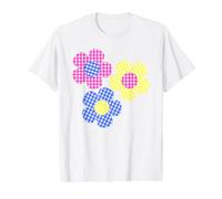 Flores Rosas, Amarillas, Azules sobre Cuadros Escoceses Marinos Camiseta gráfica económica, Hombre, Blanco, M