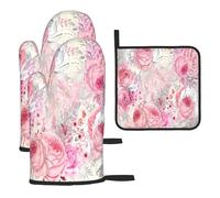 Flores Rosas Rosadas (2), Guantes de Cocina Resistentes al Calor, Manoplas y agarraderas para Horno (3 Piezas)