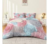 Flores suaves 3D rosas edredón de 140 x 200 cm, súper suave transpirable, multicolor microfibra, funda nórdica de plumón romántica moderna con 2 fundas de almohada para adulto, bordado