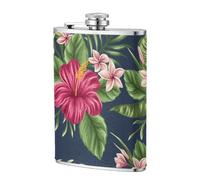 Flores tropicales Frangipani Hibisco,Frasco de acero inoxidable 304 de 8 oz con funda de cuero sintético, frasco de bolsillo para licor plano para exteriores