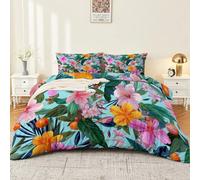 Flores Verano Hibisco Plantas Tropicales Edredón 220 x 240 cm, Super Suave Transpirable, Multicolor Microfibra, Funda de edredón de plumas de vacaciones Isla con 2 fundas de almohada para adulto