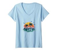 Florida Life: Paraíso Tropical Sunset Beach Camiseta Cuello V, Mujer, Azul Bebé, S