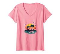 Florida Life: Paraíso Tropical Sunset Beach Camiseta Cuello V, Mujer, Rosado, XXL