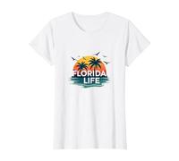 Florida Life: Paraíso Tropical Sunset Beach Camiseta, Mujer, Blanco, XS
