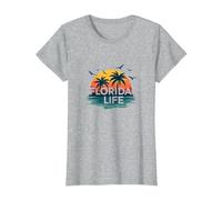Florida Life: Paraíso Tropical Sunset Beach Camiseta, Mujer, Gris Jaspeado, M