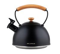 FLORINA Tetera (2,3 l) | Acero Inoxidable NATURA | Tetera Flauta con Mango de Madera | Silbato Automático | Inducción, Estufa de Gas y Estufa Eléctrica | Color: Negro