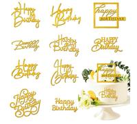 Floruvia 10 Piezas Happy Birthday Cake Topper Acrílico, Decoración Reflectante para Pastel de Cumpleaños, Decoración Doble Cara para Fiesta, Postre, DIY, Flores, Regalo (Dorado)