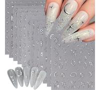 Floruvia 12er Set Silber Nail Art Sticker, autoadhesivos de luna y estrella para manicuras creativas y decoración de uñas naturales y artificiales