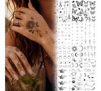 Floruvia 20 hojas de tatuajes temporales pequeños, mariposas negras, rosas, símbolo de infinito, estrellas, luna y flecha, para dedos y manos, resistentes al agua, para mujeres y adultos