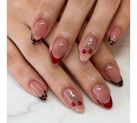 Floruvia 24 piezas Uñas postizas almendradas medianas Diseño 3D de cerezas con rama dorada, Consejos franceses rojos y estampado de leopardo, Set de uñas acrílicas con pegamento y herramientas, Uñas