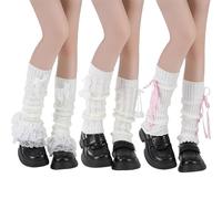 Floruvia 3 Pares de Calentadores de Pierna Kawaii para Niñas Y2K Lolita Tejidos con Lazo hasta la Rodilla para Invierno Cosplay