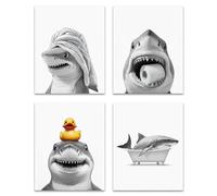 Floruvia Arte de Pared Divertido de Tiburón para Baño, Set de 4 Impresiones, Pósteres Salvajes de Tiburón para Baño, Inodoro y WC de Invitados, Regalos de Tiburón, 20 * 25cm Sin Marco