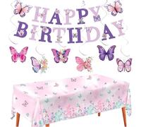 Floruvia Decoraciones de Fiesta de Cumpleaños de Mariposa, Banner de Feliz Cumpleaños, Remolinos Colgantes y Mantel, Decoraciones de Fiesta Temática de Mariposas