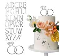 Floruvia Wedding Cake Topper con Anillo de Diamante, Personalizable con 26 Letras Iniciales de Novios (Plata)
