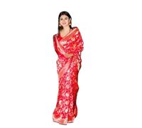 Flosive Banarasi - Sari de seda lichi suave para mujer, hermoso jacquard rico diseño Pallu, trabajo Zari tejido de seda Kanjivaram, sari con suave blusa de seda Lichi, pieza Ayn Royal Red Moni