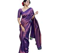 Flosive Banarasi - Sari de seda suave Lichi para mujer, hermoso jacquard rico diseño Pallu, trabajo Zari tejido de seda Kanjivaram, sari con suave blusa de seda Lichi, pieza Ayn Royal Purple Vell.