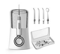 Flosser de agua portátil con depósito de agua extraíble y fácil de limpiar y control de 2 botones para un cuidado dental rápido.