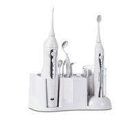 Flosser de pared y ducha oral de mesa con espejo de dientes LED y cabezales de cepillo DuPont depósito de agua extraíble, operación de 2 botones, almacenamiento completo de boquilla.