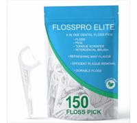 FlossPro Elite - 150 palillos de hilo dental 4 en 1 con palillo de dientes, raspador de lengua y cepillo interdental, palillo de hilo dental con sabor a menta