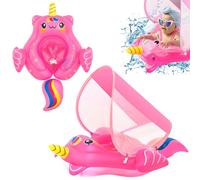 Flotador de natación para bebé recién nacido de 10 a 24 meses, anillo inflable de unicornio rosa intenso con asiento de toldo para el sol, cola antideslizante, anillo de natación flotante para bebés y