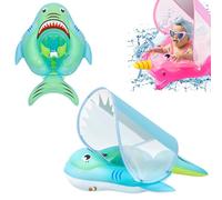 Flotador de natación para bebé recién nacido de 3 a 12 meses, anillo inflable de tiburón azul con asiento de toldo para el sol, cola antideslizante, anillo de natación flotante para bebés y niños