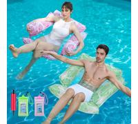 Flotador Hinchable 4 en 1 para Piscina, Colchoneta de Aire con Diseño de Hoja y Hamaca Acuática para Adultos de 100kg con Funda para Smartphone Impermeable y Bomba (1 Verde+1 Rosa)