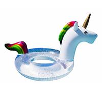 Flotador hinchable de unicornio con relleno de purpurina, 80 cm de diámetro, melena y cola de arco iris, flotador de piscina