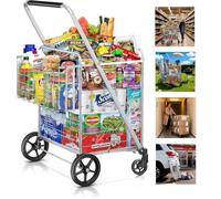 Flovel Carro de la Compra Plegable Jumbo Doble Cesta 160 kg Capacidad Carrito de la Compra con Ruedas Giratorias 360° Carrito Compra Plegable para Ropa, Compras, Alimentos, Equipaje