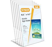 Flow fire Soporte acrílico para letreros A4, paquete de 5 unidades,en forma de L, soporte de exhibición de menú A4 para póster, tienda de oficina, restaurante