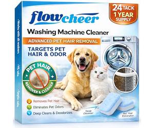 flowcheer Pastillas limpiadoras de lavadora, pestañas de limpieza de lavadora, tableta limpiadora de ropa, removedor de pelo de mascotas, extra formulado para dueños de mascotas, paquete de 24