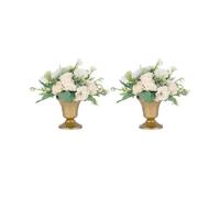 Flower - arranging Vase, Set of 2, with Artificial White Flowers and Green Leaves, Elegant Gold - toned Design for Home Decor