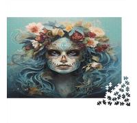 Flower Crown Art-Sugar Skull Style 1000Pc Adult Jigsaws Woman with Flowers in Blue Hair for Adults Challenging & Brainteasing Puzzle Games 52x38cm/1000pcs