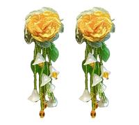 Flower Dangle Earrings - Beaded Tassels Handmade | Bohemian Yellow Flower Earrings, Elegant Floral Charms, Lightweight Statement Jewelry, Blossom Hanging Jewelry for Summer Beach Vacation Travel Datin