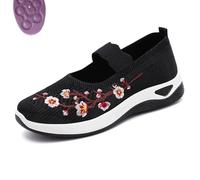 Flower Embroidered Slip On Knitting Flat Loafers for Women Comfortable Soft Sole Tennis Shoes Breathable Mesh Comfy Platform Non Slip Walking Sneakers (Black,36)