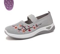 Flower Embroidered Slip On Knitting Flat Loafers for Women Comfortable Soft Sole Tennis Shoes Breathable Mesh Comfy Platform Non Slip Walking Sneakers (Gray,41)