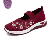 Flower Embroidered Slip On Knitting Flat Loafers for Women Comfortable Soft Sole Tennis Shoes Breathable Mesh Comfy Platform Non Slip Walking Sneakers (Red,38)