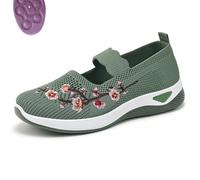 Flower Embroidered Slip On Knitting Flat Loafers for Women Comfortable Soft Sole Tennis Shoes Breathable Mesh Comfy Platform Non Slip Walking Sneakers (Green,42)