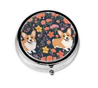 Flower Field Corgis - Organizador de pastillas personalizado único - Pastillero de viaje para 7 días AM PM con diseño de impresión completa - Mini organizador de medicamentos chapado en hierro