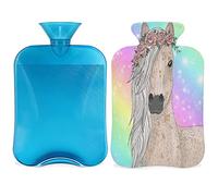 Flower Horse Botella de agua caliente con funda esponjosa, bolsa de agua caliente de gran capacidad de 2 litros, bolsa de agua para botellas de caballo de galaxia arcoíris para noches acogedoras,