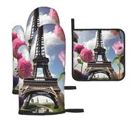 Flower Paris Eiffel Towers - Juego de utensilios de cocina para hornear, manoplas resistentes al calor y almohadilla para tapa de olla, kit de herramientas esenciales para hornear