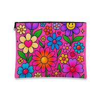 Flower Power - Bolsa de cosméticos colorida retro floral para mujer, estuche portátil de lona con cremallera, organizador de cuidado de la piel para regalo de primavera, Melocotón, 7x9 Inch