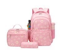 Flower Print Bookbag - Floral School Knapsack, Youth Travel Rucksack | Cute Aesthetic Patterned Polyester Container Lightweight Three Piece Matching Educational Supply Kit for Elementary Student, rosa