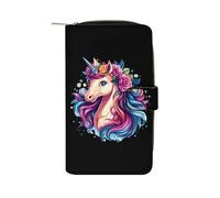 Flower Un-icorn - Cartera larga de piel sintética para mujer, organizador de mano para oficina y viajes