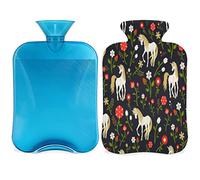 Flower Unicorn Botella de agua caliente con funda esponjosa, bolsa de agua caliente de gran capacidad de 2 litros, bolsa de agua para botellas de unicornio para noches acogedoras, alivio del dolor,