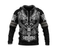 flowereyes Sudadera con Capucha con Estampado 3D del Guerrero Vikingo Odín y los Cuervos Jersey de Manga Larga con runas nórdicas Sudadera con Capucha para Hombre Ropa vikinga Vintage