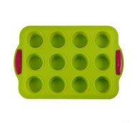 Floweringbeter Molde de silicona para magdalenas con doce tazas antiadherentes y asa para hornear magdalenas, cupcakes, bocados de huevo y galletas, y fácil de limpiar (verde)