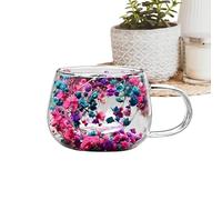 Flowers Coffee Mugs - 300ml Dried Flower Double Wall Glass Cup, Cute Insulated Tea Cups | Transparent Beverage Serving Tumbler, Aesthetic Floral Design For Home Kitchen Living Room